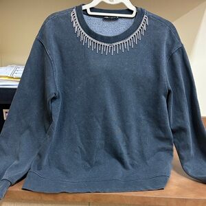 Zara Embellished Crystal Jeweled Gray Crew Neck Sweater Size Small